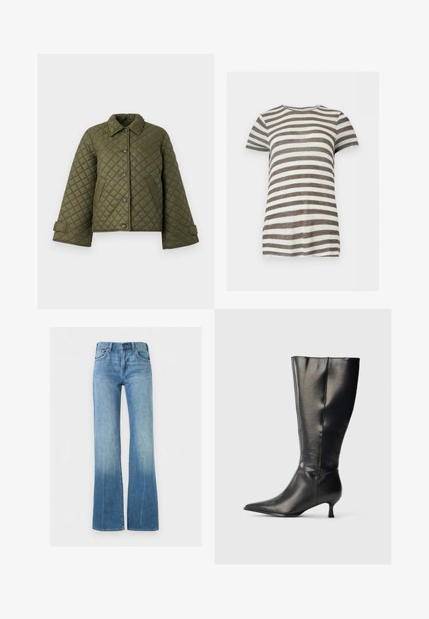 Veste matelassée olive avec un col, de grands boutons et des manches cloche. Comprend des coutures diagonales et des poches latérales.; T-shirt manches courtes col rond avec des rayures horizontales marron et blanches, présenté sur un fond clair uni.; Jean en denim bleu clair avec une taille haute et des jambes évasées, doté de poches avant et d'une fermeture à boutons.; Botte en cuir noire montant jusqu'au genou, avec un bout pointu et un petit talon bas, présentée sur un fond clair uni.