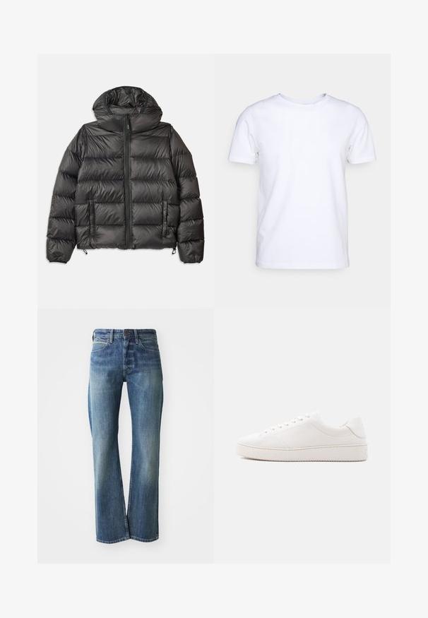 Veste en duvet noire avec capuche, dotée d'une fermeture éclair à l'avant, de deux poches latérales et d'une texture matelassée. Fabriquée en matériau léger et isolant.; T-shirt blanc à manches courtes en tissu de coton avec un col rond. Design simple sans motifs ni accents. Texture lisse.; Jeans en denim de couleur bleu clair à moyen, coupe droite, design classique à cinq poches et décoloration subtile à l'avant.; Baskets en cuir blanc à finition lisse, bout rond, laçage à six œillets et semelle en caoutchouc texturée. Design minimaliste sans motifs.