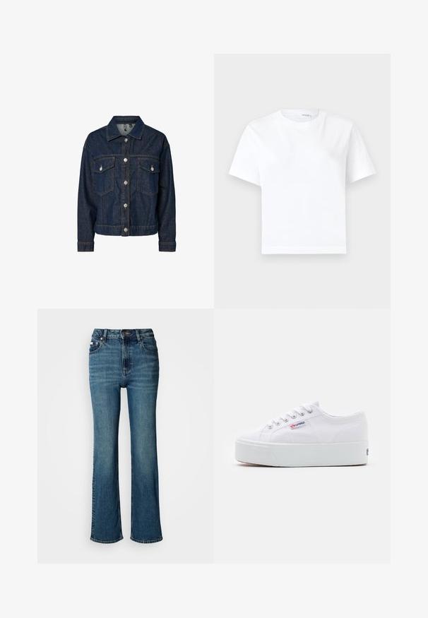 Veste en denim bleu foncé avec un col, fermeture à boutons sur le devant, deux poches poitrine et manches longues avec poignets à boutons.; T-shirt blanc uni en coton à manches courtes, col rond et ourlet droit, présenté sur fond blanc.; Jean bleu taille haute en denim, avec une coupe droite, un léger délavé et une fermeture standard par bouton et zip.; Baskets en toile blanches avec une épaisse semelle plateforme blanche, bout rond et œillets en métal pour les lacets. Logo de la marque affiché sur le côté.