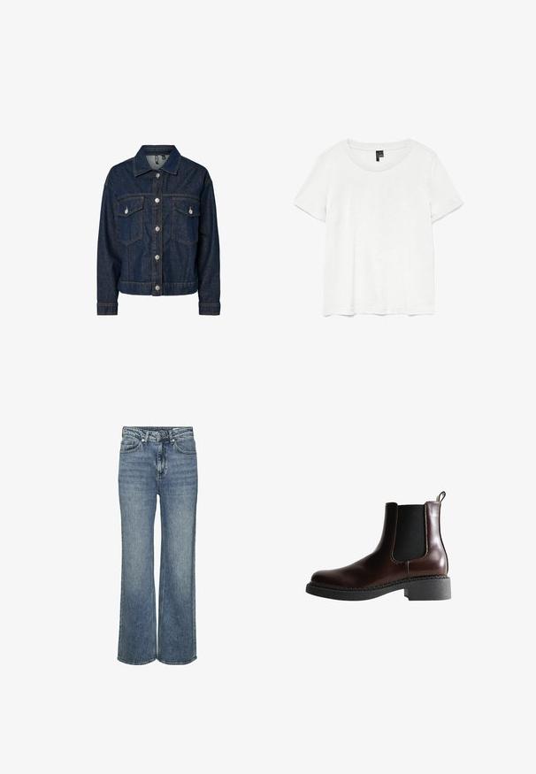 Chaqueta de denim azul oscuro con cuello tipo solapa, cierre frontal con botones, dos bolsillos en el pecho y mangas largas con puños abotonados.; Camiseta blanca de manga corta con un cuello redondo, hecha de tejido ligero. Diseño simple, textura suave y dobladillo recto.; Jeans de corte amplio en un azul claro, fabricados en denim con un acabado desgastado, cinco bolsillos, cierre frontal de botón y detalles de costura robustos.; Botín de cuero marrón con paneles laterales elásticos, puntera redonda y suela de goma negra texturizada. Presenta costuras en contraste y una pestaña para facilitar el calce.