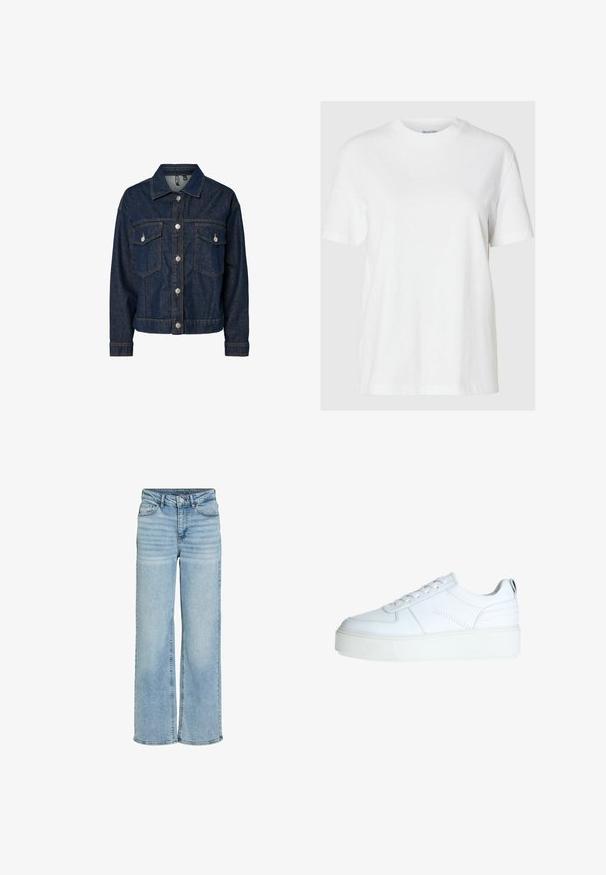 Donkerblauwe denim jas met een gekraagde kraag, een sluiting met knopen aan de voorkant, twee borstzakken en lange mouwen met button-up manchetten.; Witte katoenen t-shirt met korte mouwen en een ronde halslijn. Heeft een relaxte pasvorm en een minimalistisch ontwerp zonder patronen of accenten.; Lichtblauwe jeans met hoge taille en brede pijpen, met voorste knoop, rits en ontwerp met vijf zakken, weergegeven op een witte achtergrond.; Witte leren sneakers met een ronde neus, vetersluiting, dikke witte zool en subtiele stiksels aan de zijkant.