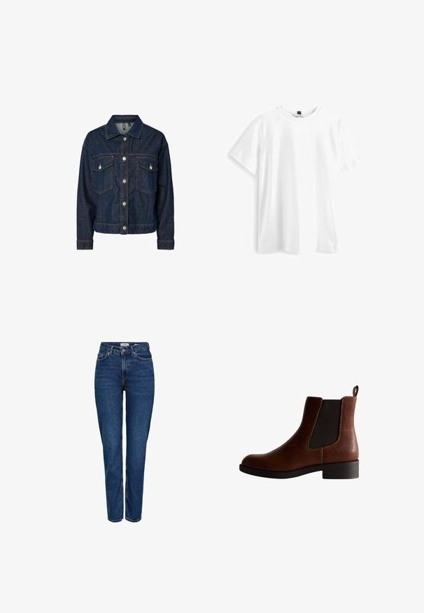 Donkerblauwe denim jas met een gekraagde kraag, een sluiting met knopen aan de voorkant, twee borstzakken en lange mouwen met button-up manchetten.; Witte katoenen t-shirt met korte mouwen, ronde hals en een iets losse pasvorm. Eenvoudig ontwerp, zonder patronen of extra accenten.; Donkerblauwe spijkerbroek met rechte pijpen, hoge taille, vijf zakken, lichte stiksels en een subtiele textuur.; Bruine leren enkelboot met elastische zijkanten, ronde neus en een lage blokhak. Kenmerkt zich door contrasterende stiksels en een trekband.