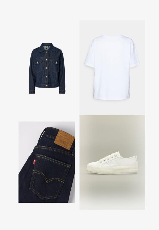 Donkerblauwe denim jas met een gekraagde kraag, een sluiting met knopen aan de voorkant, twee borstzakken en lange mouwen met button-up manchetten.; Effen wit katoenen T-shirt met korte mouwen, gezien van achteren tegen een lichtgrijze achtergrond.; Donkerblauwe Levi's jeans met gele stiksels, achterzak toont rood Levi's label en bruin leren merkpatch op de tailleband.; Witte lage sneaker met dikke geribde zool, veters aan de voorkant en trek-lus aan de hiel tegen een neutrale achtergrond.
