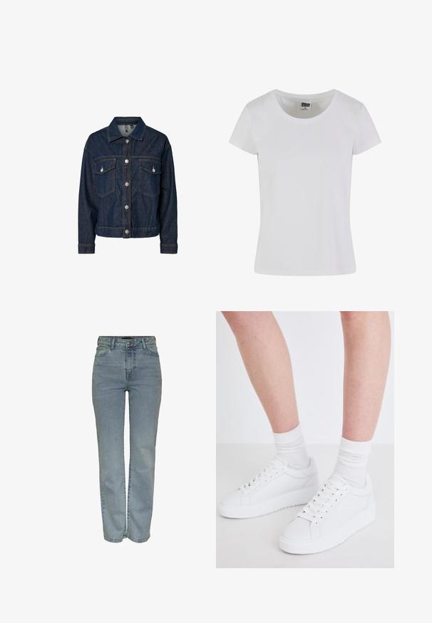 Tmavomodrá džínová bunda s golierom, predným zapínaním na gombíky, dvoma vreckami na hrudi a dlhými rukávmi s gombíkovými manžetami.; Biele tričko s krátkym rukávom vyrobené z bavlny. Má okrúhly výstrih a priliehavý strih. Na štítku je napísané "URBAN CLASSICS."; Svetlomodré džínsy s vysokým pásom a rovnými nohavicami, so zapínaním na gombík a zips, piatimi vreckami a pútka na opasok.; Copenhagen Studios CPH72 - Tenisky - white