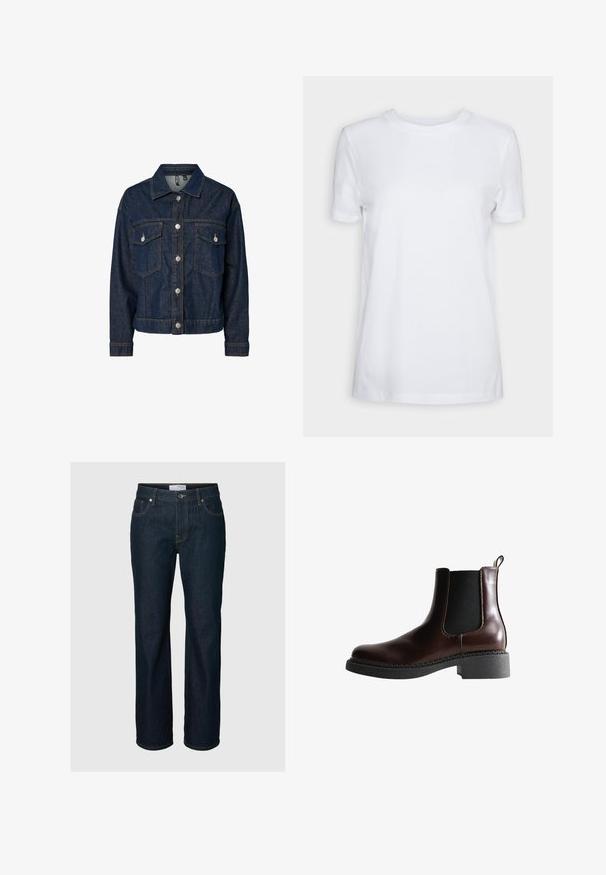 Donkerblauwe denim jas met een gekraagde kraag, een sluiting met knopen aan de voorkant, twee borstzakken en lange mouwen met button-up manchetten.; Effen wit T-shirt met korte mouwen en ronde hals, normale pasvorm en een klein label aan de binnenkant van de hals met de tekst "SELECTED FEMME."; Donkerblauwe straight-leg spijkerbroek met vijf zakken, knoopsluiting en contraststiksels, afgebeeld op een effen achtergrond.; Bruine leren enkelboot met elastische zijpanelen, ronde neus en een gestructureerde zwarte rubberen zool. Heeft contrasterende stiksels en een lusje aan de achterkant.