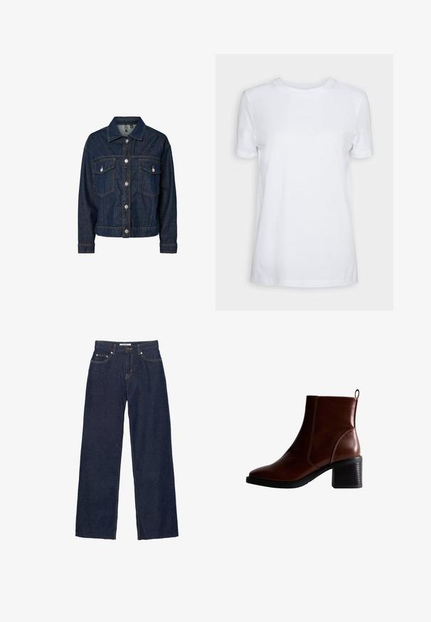 Donkerblauwe denim jas met een gekraagde kraag, een sluiting met knopen aan de voorkant, twee borstzakken en lange mouwen met button-up manchetten.; Effen wit T-shirt met korte mouwen en ronde hals, normale pasvorm en een klein label aan de binnenkant van de hals met de tekst "SELECTED FEMME."; Donkerblauwe rechte spijkerbroek met knopen- en ritssluiting, vijf zakken en zichtbare contrasterende stiksels.; Bruin lederen enkellaars met een vierkante neus en zijnaad, een gestapelde hak van 7,5 cm en een lus aan de achterkant voor gemakkelijk aan- en uittrekken.