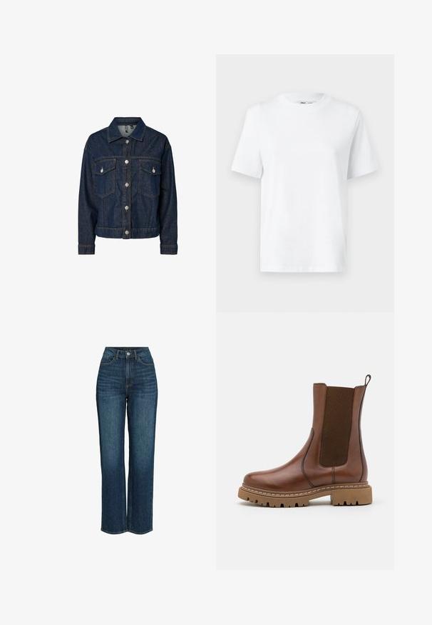Veste en denim bleu foncé avec un col, fermeture à boutons sur le devant, deux poches poitrine et manches longues avec poignets à boutons.; T-shirt en coton blanc à col rond, avec des manches courtes et une texture lisse. Conçu avec une coupe décontractée pour plus de confort et de polyvalence.; Jean taille haute bleu foncé, design à jambes larges, en denim, avec poches avant et fermeture boutonnée avec zip.; Bottine en cuir marron avec des panneaux élastiques et une languette de tirage. Elle possède une semelle en caoutchouc épaisse et des détails de couture visibles le long des bords.