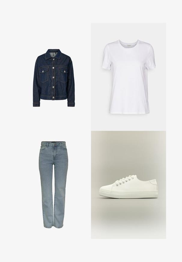Donkerblauwe denim jas met een gekraagde kraag, een sluiting met knopen aan de voorkant, twee borstzakken en lange mouwen met button-up manchetten.; Witte korte mouwen t-shirt gemaakt van zachte stof met een ronde hals en een relaxte pasvorm. De zoom is recht en bevat geen patronen of accenten.; Lichtblauwe hoge taille straight-leg jeans met een sluiting met knoop en rits aan de voorkant, vijf zakken en riemlussen.; Witte lage sneaker met witte veters en rubberen zool, zijaanzicht op een neutrale achtergrond.