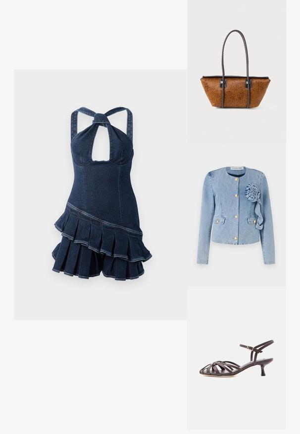 Lichtblauwe denimjack met een ronde halslijn, gouden knoopsluiting, opgestikte zakken en een decoratieve stoffen bloem aan de linkervoorzijde.; Denim halterjurk met een keyhole-halslijn, aangesloten bovenstuk en gefronteerde uitlopende zoom. Donkerblauwe stof met zichtbare stikseldetails.; Donkerbruine leren sandaal met bandjes en kitten heel, verstelbare gesp rond de enkel, op witte achtergrond.; Bruine leren handtas met een trapeziumvorm en lange gevlochten donkerbruine handvatten op een witte achtergrond.