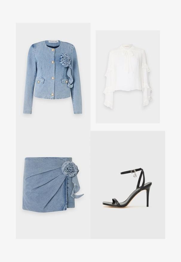 Lichtblauwe denimjack met een ronde halslijn, gouden knoopsluiting, opgestikte zakken en een decoratieve stoffen bloem aan de linkervoorzijde.; Witte blouse met lange, uitlopende mouwen met gerimpelde randen. Hoge hals met een strikdetail en lichtgewicht, gestructureerde stof.; Denim wikkel met een lichtblauwe tint, gedetailleerde plooien en een decoratieve bloemenaccent met een hangend lint. Zachte textuur en casual ontwerp.; Zwarte sandaal met hoge hak, smalle enkelband, vierkante neus, soepel leermateriaal en metalen gespsluiting.