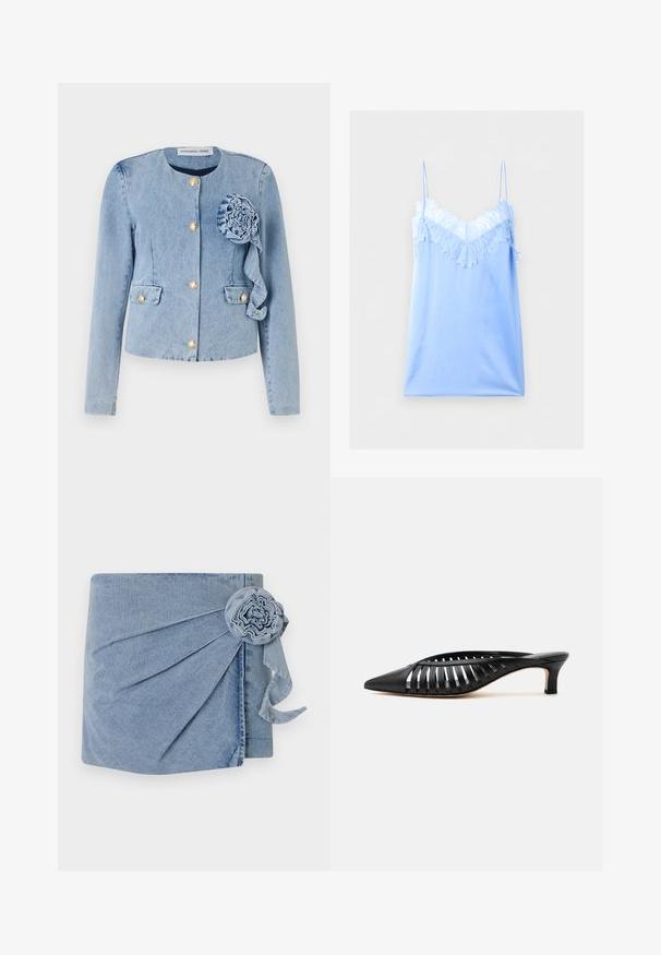 Lichtblauwe denimjack met een ronde halslijn, gouden knoopsluiting, opgestikte zakken en een decoratieve stoffen bloem aan de linkervoorzijde.; Lichtblauwe satijnen slipjurk met dunne schouderbandjes en witte kanten afwerking langs de V-halslijn en de bovenkant van de borst.; Denim wikkel met een lichtblauwe tint, gedetailleerde plooien en een decoratieve bloemenaccent met een hangend lint. Zachte textuur en casual ontwerp.; Zwarte leren mule met puntige neus, riemdesign met uitsnijdingen en lage kittenhiel op een witte achtergrond.