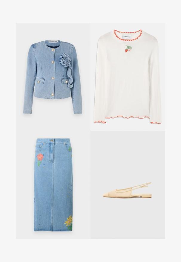 Lichtblauwe denimjack met een ronde halslijn, gouden knoopsluiting, opgestikte zakken en een decoratieve stoffen bloem aan de linkervoorzijde.; Witte lange mouwen shirt met een golvende rode halslijn. Voorzien van een kleine groene en rode aardbei-applicatie aan de voorkant.; Lichtblauwe denim midi-rok met voorzakken, knoopsluiting en kleurrijke geborduurde bloemen aan de zijkanten en onderkant.; Slingback ballerina in lichtbeige met een mesh bovenwerk, spitse neus en een lage hak. Voorzien van een verstelbare band voor een goede pasvorm.