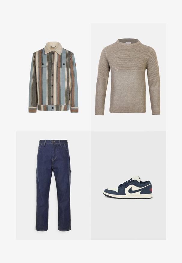 Knopfjacke mit vertikalen Streifen in Blau, Braun, Creme und Grau, ausgestattet mit einem cremefarbenen Sherpa-Kragen und zwei Brusttaschen mit Klappen.; Beiger, gestrickter Pullover mit rundem Ausschnitt, mit einem strukturierten Muster im oberen Bereich und einer glatten Oberfläche im unteren Teil.; Dunkelblaue Denim-Cargo-Hosen mit gelben Nähten, Seitentaschen und geradem Schnittdesign. Verfügt über einen Knopf- und Reißverschluss.; Nike Air Jordan 1 Low, Obermaterial aus marineblauem Wildleder und cremefarbenem Leder, runde Schnürsenkel, schwarze Sohle, rote Akzente an der Ferse, perforierter Zehenbereich, klassische Silhouette.