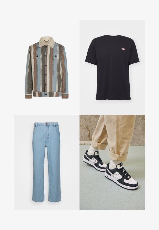 Knopenjack met verticale strepen in blauw, bruin, crème en grijs, voorzien van een crème sherpa kraag en twee borstzakken met klep.; Zwart T-shirt met korte mouwen en ronde hals, met een klein kleurrijk Dickies-logo op de linkerborst tegen een effen achtergrond.; Lichtblauwe denim jeans met een recht pijpdesign, met een knoopsluiting, riemlussen en twee voorzakken.; Zwart-witte Nike Air Force 1 sneakers met een leren bovenwerk, geperforeerde neus en gestructureerde zooldetails, gedragen met opgerolde beige broek en witte sokken.