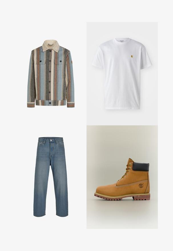 Knapblusejakke med lodrette striber i blå, brun, creme og grå, med en creme sherpa krave og to brystlommer med klap.; Hvid bomulds t-shirt med korte ærmer, rund hals og et lille guld logo på venstre brystområde. Blød tekstur og almindelig pasform.; Lyseblå denimjeans med en afslappet pasform, høj talje og lige ben. Har forreste lommer og knaplukning.; Brun læderankelstøvle med sort krave, gule snørebånd og tanfarvet sål. Har logo og hvide syninger som detalje. Robust ydersål med greb.