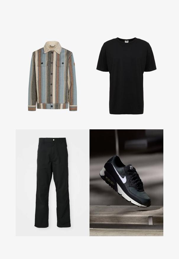 Knopenjack met verticale strepen in blauw, bruin, crème en grijs, voorzien van een crème sherpa kraag en twee borstzakken met klep.; Zwart katoenen T-shirt met ronde hals, korte mouwen, standaard pasvorm, soepele textuur en geen zichtbare patronen of accenten.; Zwarte rechttoe rechtaan broek met knoop- en ritssluiting, riemlussen en zijzakken, weergegeven tegen een witte achtergrond.; Zwart-grijze Nike Air Max sneaker met witte swoosh, zwevend boven een betonnen oppervlak tegen een wazige donkere achtergrond.