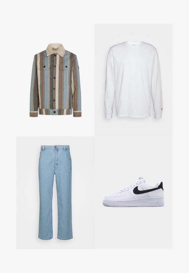 Knapblusejakke med lodrette striber i blå, brun, creme og grå, med en creme sherpa krave og to brystlommer med klap.; Hvid langærmet T-shirt lavet af bomuld. Rund halsudskæring med ribbede manchetter og et lille logo på venstre ærme. Glat tekstur.; Lysblå denim jeans med lige ben design, der har knaplukning, bæltestropper og to forlommer.; Hvide lædersneakers med en struktureret sort Swoosh, flade snørebånd og en gummisål med et rillemønster. "AIR" er præget på hælen.