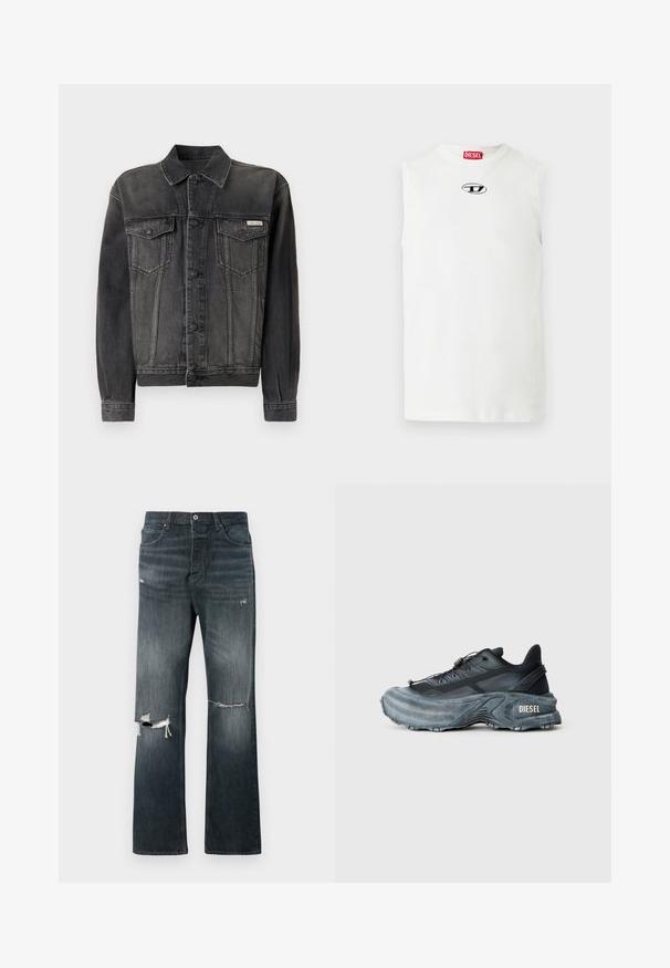 Sort denimjakke med knappelukning, brystlommer og krave. Har en falmet tekstur og kontrastfarvede ærmer. Etikette på brystet.; Hvid ærmeløs t-shirt af bomuld med rund halsudskæring og et sort og blåt logo på brystet.; Mørk vask denim jeans med en afslappet pasform, der har to slidte knærevner, en standard knaplukning og fem-lomme design.; Sort og grå Diesel sneakers med tyk sål, snørrebåndslukning og tekstureret design på en ensfarvet lysegrå baggrund.