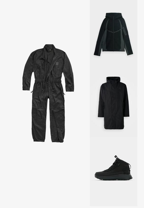 Schwarze wasserdichte Parka mit hohem Kragen und verstellbarem Kapuze. Verfügt über einen Frontreißverschluss, lange Ärmel und zwei Seitentaschen. Minimalistisches Design.; Brandit BRANDIT HERREN EINSATZKOMBI - Jumpsuit - black; Schwarzer und dunkelgrauer Hoodie mit einem Reißverschluss vorne, großer Kapuze und seitlicher Reißverschlusstasche. Verfügt über ein strukturiertes Design und kontrastierende Einsätze.; Schwarze Mid-Cut-Wanderschuhe mit einem Obermaterial aus strukturiertem Stoff, verstärkter Zehenkappe, sicherem Schnürsystem und einer gepolsterten Sohle für Traktion.
