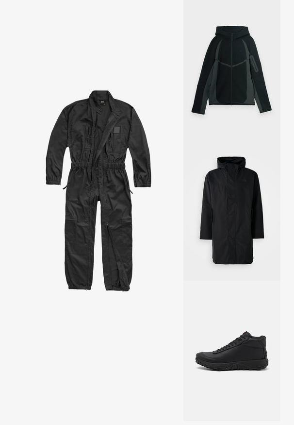 Sort vandtæt parka med høj krave og justerbar hætte. Har en frontlynlås, lange ærmer og to sidelommer. Minimalistisk design.; Brandit BRANDIT HERREN EINSATZKOMBI - Buksedragter - black; Sort og mørkegrå hættetrøje med lynlås foran, stor hætte og sidelomme med lynlås. Har et struktureret design og kontrasterende paneler.; Sorte høje sneakers lavet af struktureret læder, med en tyk gummisål med trækmønstre og snørefunktion. Rød detalje på tungen.
