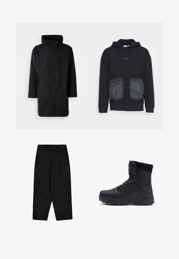 Zwarte waterdichte parka met hoge kraag en verstelbare capuchon. Voorzien van een rits aan de voorkant, lange mouwen en twee zijzakken. Minimalistisch ontwerp.; Zwarte hoodie met een ontspannen pasvorm, voorzien van twee grote met rits afsluitbare zakken van glanzend materiaal aan de voorkant. Klein logo-patch boven de zakken.; Zwarte cargobroek met een knoop en rits aan de voorkant, zijflapzakken met knopen en verstelbare trekkoorden aan de onderkant.; Zwarte tactical boot met een gladlederen bovenkant en stofpanelen, hoge enkelontwerp, vetersluiting aan de voorkant en robuuste rubberen zool.