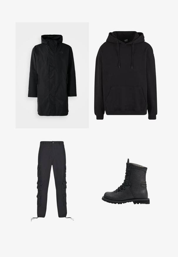 Parka negra impermeable con cuello alto y capucha ajustable. Cuenta con un cierre frontal, mangas largas y dos bolsillos laterales. Diseño minimalista.; Sudadera con capucha negra hecha de mezcla de algodón. Cuenta con un bolsillo tipo canguro, cordones y puños acanalados. Diseño simple y sólido con un ajuste relajado.; Pantalones cargo negros de algodón, con múltiples bolsillos laterales, cordones elásticos en los puños y cierre de botón en la cintura.; Bota de senderismo de cuero negro con acabado texturizado, cuello acolchado y suela de goma gruesa. Presenta ojales de metal y acentos negros contrastantes.