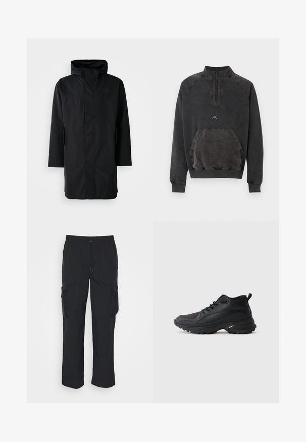 Parka negra impermeable con cuello alto y capucha ajustable. Cuenta con un cierre frontal, mangas largas y dos bolsillos laterales. Diseño minimalista.; Sudadera negra lavada con cremallera parcial, bolsillo canguro, puños y dobladillo acanalados, y pequeño logo "A C W" en el pecho.; Pantalones cargo negros hechos de tejido tejido. Cuenta con una cinturilla ajustable, bolsillos laterales y dos bolsillos de utilidad con cremalleras.; Zapatillas deportivas negras hechas de material sintético. Presentan un cuello acolchado, puntera redonda, suela resistente con tracción y detalle del logo de la marca.