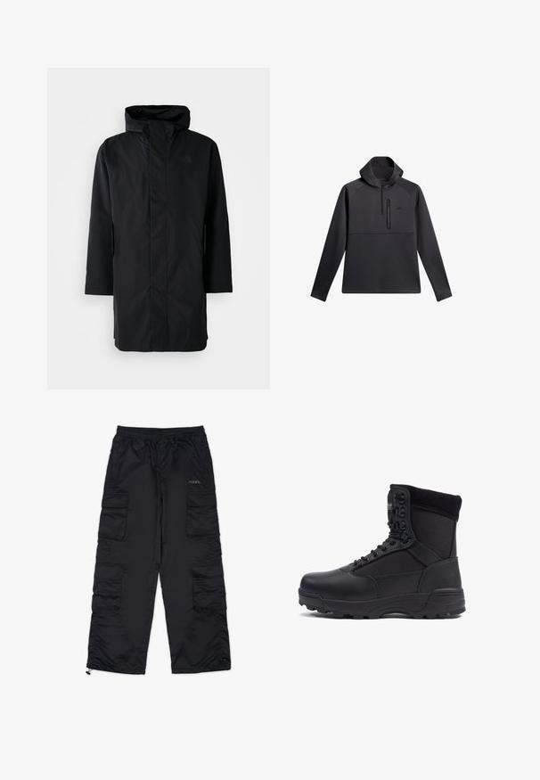 Schwarze wasserdichte Parka mit hohem Kragen und verstellbarem Kapuze. Verfügt über einen Frontreißverschluss, lange Ärmel und zwei Seitentaschen. Minimalistisches Design.; Schwarzer Pullover mit Kapuze, ausgestattet mit einem Viertel-Reißverschluss auf der Vorderseite, Raglanärmeln und einer mit Reißverschluss versehenen Brusttasche; glatte Textur und sportliches Design.; Schwarze Cargo-Hosen mit einem elastischen Bund, mehreren Seitentaschen und Reißverschlussabschlüssen. Aus glattem, leichtem Material gefertigt.; Schwarzer taktischer Stiefel mit einem glatten Lederoberteil und Stoffpaneelen, hoher Knöchelgestaltung, schnürbarem vorderen Teil und robustem Gummisohle.