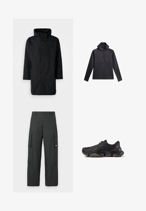 Parka negra impermeable con cuello alto y capucha ajustable. Cuenta con un cierre frontal, mangas largas y dos bolsillos laterales. Diseño minimalista.; Sudadera negra con capucha, con cierre de un cuarto en la parte delantera, mangas raglán y bolsillo de pecho con cremallera; textura suave y diseño atlético.; Pantalones cargo rectos negros con bolsillos laterales con solapa, cierre de botón, trabillas para cinturón y pequeño logo blanco en la solapa del bolsillo derecho.; Zapatilla deportiva negra con suela texturizada, parte superior de cuero y gamuza, cuello acolchado y cierre con cordones, mostrada en perfil lateral.