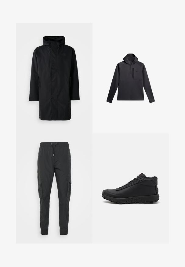Parka negra impermeable con cuello alto y capucha ajustable. Cuenta con un cierre frontal, mangas largas y dos bolsillos laterales. Diseño minimalista.; Sudadera negra con capucha, con cierre de un cuarto en la parte delantera, mangas raglán y bolsillo de pecho con cremallera; textura suave y diseño atlético.; Pantalones cargo negros hechos de un tejido ligero, con una cintura ajustable con cordón, puños elásticos y dos bolsillos laterales.; Zapatillas altas negras hechas de cuero texturizado, con suela de goma gruesa con patrones de tracción y diseño de cordones. Acabado en rojo en la lengüeta.