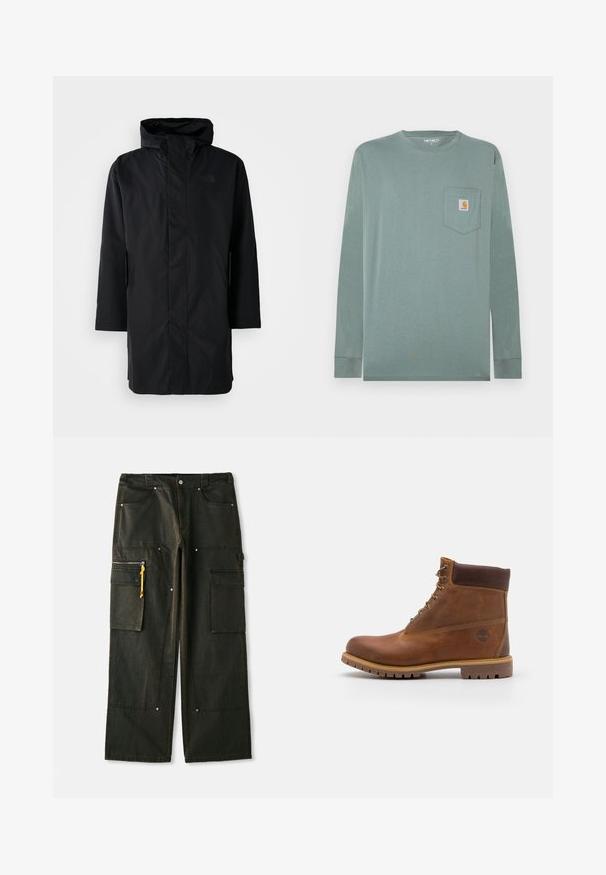 Zwarte waterdichte parka met hoge kraag en verstelbare capuchon. Voorzien van een rits aan de voorkant, lange mouwen en twee zijzakken. Minimalistisch ontwerp.; Lange mouwen shirt van lichtgroene katoen met een ronde hals, voorzien van een borstzak aan de linkerkant en een logopatch in oranje en wit.; Zwarte cargobroek met een relaxte pasvorm, voorzien van meerdere zakken, gele ritsen en een gestructureerde stof met een vervaagde afwerking.; Bruine leren wandelschoen met een gladde afwerking, gevoerde enkel, metalen oogjes en een rubberen zool met een robuust profiel.