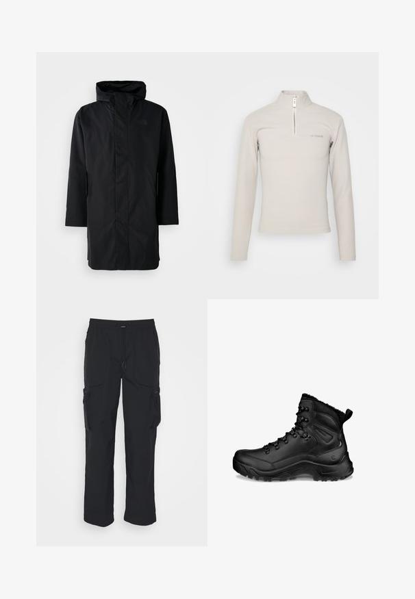 Čierna vodoodolná parka s vysokým golierom a nastaviteľnou kapucňou. Má predný zips, dlhé rukávy a dve bočné vrecká. Minimalistický dizajn.; Han Kjøbenhavn LOGO HALF ZIP SHARP LONG SLEEVE - Top s dlhým rukávom - grey; Čierne cargo nohavice vyrobené z tkaniny. Obsahujú nastaviteľný pás, bočné vrecká a dve úložné vrecká so zipsami.; Čierna vysoká turistická topánka s polstrovaným členkom, háčikmi na šnúrky, robustnou podrážkou a ťahacou slučkou na päte, navrhnutá na vonkajšie použitie a studené počasie.