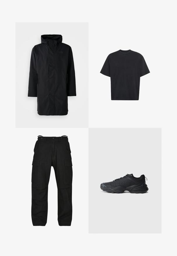 Parka negra impermeable con cuello alto y capucha ajustable. Cuenta con un cierre frontal, mangas largas y dos bolsillos laterales. Diseño minimalista.; Camiseta negra de manga corta con cuello redondo y logo "ADIDAS" en relieve sutil centrado en el pecho, diseño sencillo y ajuste relajado.; Pantalones cargo negros hechos de una tela resistente. Cuenta con múltiples bolsillos, un corte relajado y una cremallera con cierre de botón. Costuras reforzadas en las costuras.; Zapatilla deportiva negra con materiales de malla y sintéticos, que presenta un logotipo prominente, acentos texturizados y una suela gruesa y texturizada.