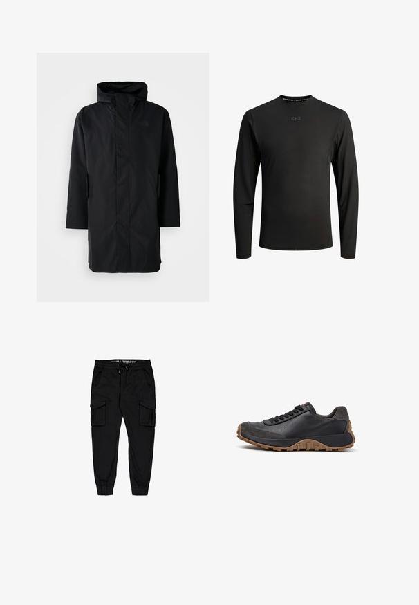 Parka negra impermeable con cuello alto y capucha ajustable. Cuenta con un cierre frontal, mangas largas y dos bolsillos laterales. Diseño minimalista.; Camisa de manga larga en negro, hecha de una tela suave y elástica. Presenta un cuello redondo y un sutil estampado en el pecho y el cuello.; Pantalones cargo negros hechos de tejido ligero, con cinturilla elástica, cordón y múltiples bolsillos laterales con puños ajustados.; Zapatilla negra de cuero y ante con cordones negros, suela marrón resistente y diseño de corte bajo, mostrada en vista lateral izquierda sobre fondo blanco.