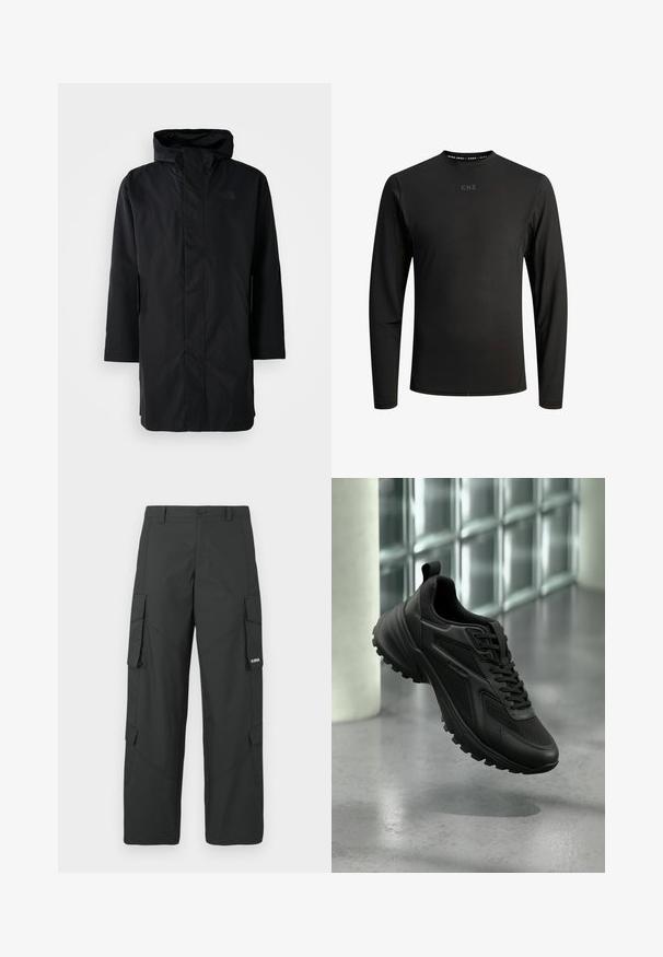 Čierna vodoodolná parka s vysokým golierom a nastaviteľnou kapucňou. Má predný zips, dlhé rukávy a dve bočné vrecká. Minimalistický dizajn.; Čierna košeľa s dlhým rukávom, vyrobená z hladkej, elastickej látky. Má okrúhly výstrih a diskrétne logo na hrudi a golieri.; Čierne rovné nohavice cargo so bočnými vreckami s chlopňou, zapínaním na gombík, pútkami na opasok a malým bielym logom na chlopni pravého vrecka.; Čierna atletická teniska s textúrovanou podrážkou a šnúrkami, vznášajúca sa nad sivou podlahou s pozadím zo sklenených blokov.
