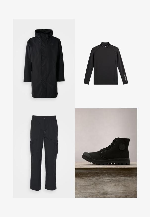 Schwarze wasserdichte Parka mit hohem Kragen und verstellbarem Kapuze. Verfügt über einen Frontreißverschluss, lange Ärmel und zwei Seitentaschen. Minimalistisches Design.; Schwarzes Langarm-Sportoberteil mit Stehkragen, schlanker Passform und weißem "J.Lindeberg"-Logo am linken Ärmel und Kragen.; Schwarze Cargo-Hosen aus gewebtem Stoff. Mit verstellbarem Bund, Seitentaschen und zwei Utility-Taschen mit Reißverschlüssen.; Schwarze High-Top-Schuhe mit einem Canvas-Außenmaterial, Gummi-Zehenkappe und strukturiertem Sohlenprofil. Enthält Metallösen und ein kreisförmiges Logodetail an der Seite.