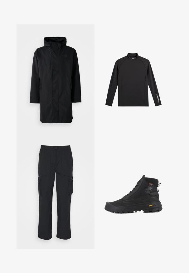Schwarze wasserdichte Parka mit hohem Kragen und verstellbarem Kapuze. Verfügt über einen Frontreißverschluss, lange Ärmel und zwei Seitentaschen. Minimalistisches Design.; Schwarzes Langarm-Sportoberteil mit Stehkragen, schlanker Passform und weißem "J.Lindeberg"-Logo am linken Ärmel und Kragen.; Schwarze Cargo-Hosen aus gewebtem Stoff. Mit verstellbarem Bund, Seitentaschen und zwei Utility-Taschen mit Reißverschlüssen.; Schwarze hohe Stiefel mit strukturierten Oberflächen, ausgestattet mit einem wasserdichten Design, Schnürsystem und einer ausgeprägten Gummisohle mit Vibram-Branding.