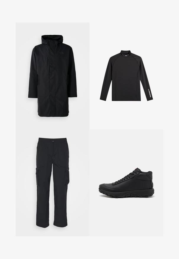 Parka negra impermeable con cuello alto y capucha ajustable. Cuenta con un cierre frontal, mangas largas y dos bolsillos laterales. Diseño minimalista.; Camiseta negra deportiva de manga larga con cuello alto falso, corte ajustado y logo blanco "J.Lindeberg" en la manga izquierda y el cuello.; Pantalones cargo negros hechos de tejido tejido. Cuenta con una cinturilla ajustable, bolsillos laterales y dos bolsillos de utilidad con cremalleras.; Zapatillas altas negras hechas de cuero texturizado, con suela de goma gruesa con patrones de tracción y diseño de cordones. Acabado en rojo en la lengüeta.