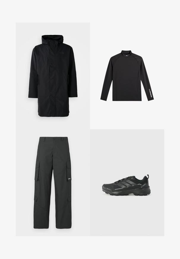 Parka negra impermeable con cuello alto y capucha ajustable. Cuenta con un cierre frontal, mangas largas y dos bolsillos laterales. Diseño minimalista.; Camiseta negra deportiva de manga larga con cuello alto falso, corte ajustado y logo blanco "J.Lindeberg" en la manga izquierda y el cuello.; Pantalones cargo rectos negros con bolsillos laterales con solapa, cierre de botón, trabillas para cinturón y pequeño logo blanco en la solapa del bolsillo derecho.; Zapatilla deportiva negra con parte superior de tela texturizada, tres rayas plateadas, puntera reforzada y suela de goma resistente para tracción.