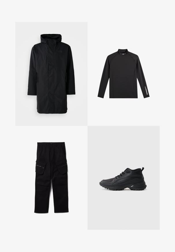 Schwarze wasserdichte Parka mit hohem Kragen und verstellbarem Kapuze. Verfügt über einen Frontreißverschluss, lange Ärmel und zwei Seitentaschen. Minimalistisches Design.; Schwarzes Langarm-Sportoberteil mit Stehkragen, schlanker Passform und weißem "J.Lindeberg"-Logo am linken Ärmel und Kragen.; Schwarze Cargo-Hosen mit großen Reißverschluss- und Klappentaschen an den Oberschenkeln, geradem Beinschnitt und Gürtelschlaufen an der Taille.; Schwarze Sportschuhe aus synthetischem Material. Ausgestattet mit einem gepolsterten Kragen, einer runden Spitze, einer robusten Laufsohle mit Profil und einem Markenlogo.
