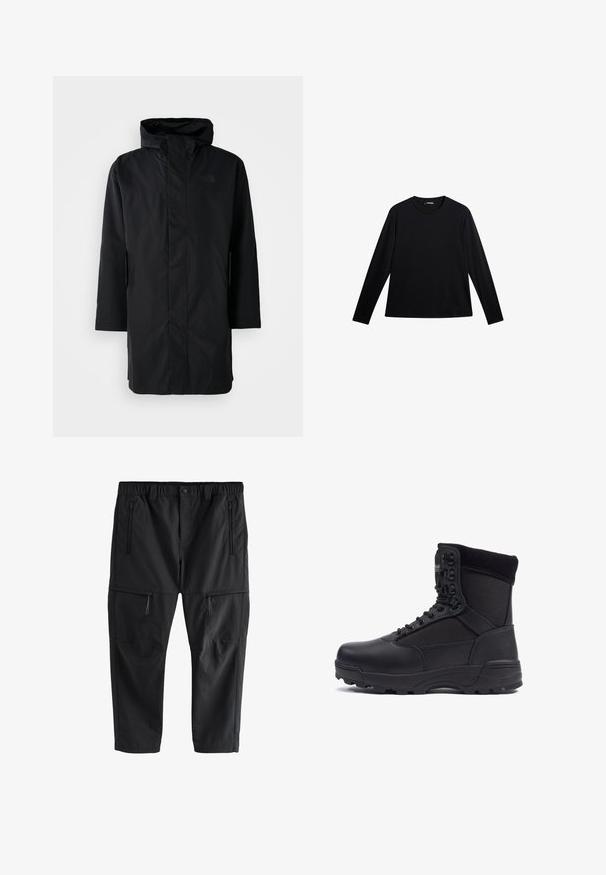 Schwarze wasserdichte Parka mit hohem Kragen und verstellbarem Kapuze. Verfügt über einen Frontreißverschluss, lange Ärmel und zwei Seitentaschen. Minimalistisches Design.; Schwarzes Langarm-T-Shirt aus glattem Stoff, mit Rundhalsausschnitt und einem dezenten Logo auf der Vorderseite, in lockerer Passform.; Schwarze Cargohose mit elastischem Bund, Knopfverschluss und vier Reißverschlusstaschen, auf weißem Hintergrund abgebildet.; Schwarzer taktischer Stiefel mit einem glatten Lederoberteil und Stoffpaneelen, hoher Knöchelgestaltung, schnürbarem vorderen Teil und robustem Gummisohle.