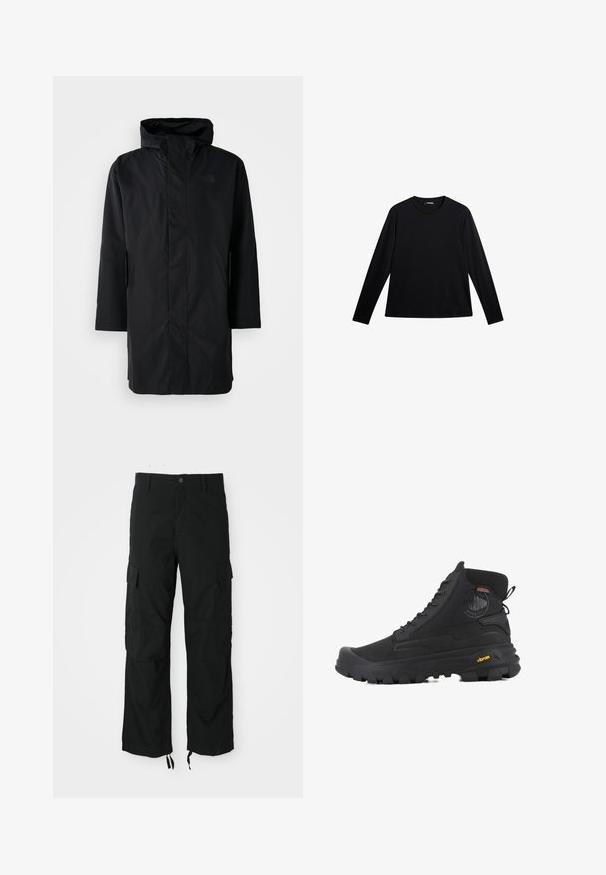 Parka negra impermeable con cuello alto y capucha ajustable. Cuenta con un cierre frontal, mangas largas y dos bolsillos laterales. Diseño minimalista.; Camiseta negra de manga larga hecha de tela suave, con cuello redondo y un logotipo sutil en el frente, con un corte holgado.; Pantalones cargo negros hechos de tela durable, con dos bolsillos laterales, cierre de botón y dobladillos ajustables para un ajuste suelto y relajado.; Botas altas negras con superficie texturizada, que cuentan con un diseño impermeable, sistema de cordones y una suela de goma prominente con la marca Vibram.