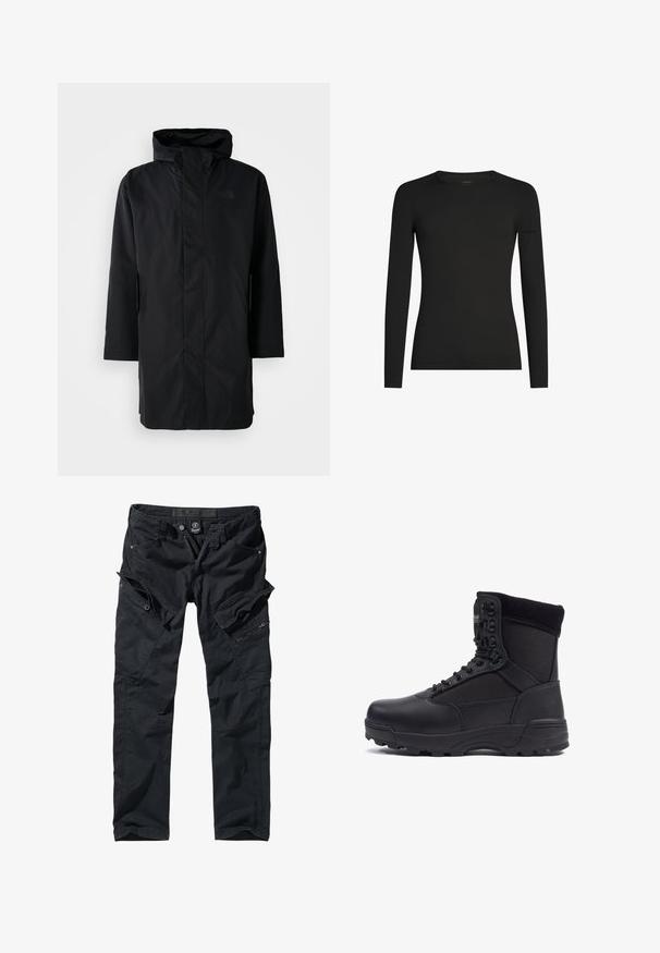 Parka imperméable noire avec un col haut et une capuche réglable. Comprend une fermeture éclair à l'avant, des manches longues et deux poches latérales. Design minimaliste.; Chemise noire à manches longues, ajustée, avec col ras du cou, arborant un logo Icebreaker discret sur la manche gauche, présentée sur un fond blanc.; Pantalons cargo noirs en tissu durable, dotés de multiples poches, de fermetures éclair et d'une taille ajustable pour un confort et une utilité optimaux.; Botte tactique noire avec une tige en cuir lisse et des panneaux en tissu, design montante, fermeture à lacets à l'avant et semelle en caoutchouc robuste.