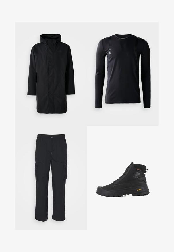 Parka negra impermeable con cuello alto y capucha ajustable. Cuenta con un cierre frontal, mangas largas y dos bolsillos laterales. Diseño minimalista.; Camisa deportiva de manga larga negra hecha de un tejido suave y elástico. Presenta detalles en negro brillante en los hombros y un logo de Adidas en el pecho.; Pantalones cargo negros hechos de tejido tejido. Cuenta con una cinturilla ajustable, bolsillos laterales y dos bolsillos de utilidad con cremalleras.; Botas altas negras con superficie texturizada, que cuentan con un diseño impermeable, sistema de cordones y una suela de goma prominente con la marca Vibram.