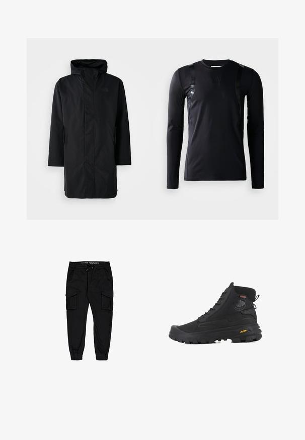 Čierna vodoodolná parka s vysokým golierom a nastaviteľnou kapucňou. Má predný zips, dlhé rukávy a dve bočné vrecká. Minimalistický dizajn.; Čierna športová košeľa s dlhým rukávom vyrobená z hladkej, elastickej látky. Obsahuje lesklé čierne akcenty na pleciach a logo Adidas na hrudi.; Čierne cargo nohavice vyrobené z ľahkého materiálu, s elastickým pásom, šnúrkou a viacerými bočnými vreckami so zúženými manžetami.; Čierne vysoké topánky s textúrovaným povrchom, vybavené vodoodpudivým dizajnom, so systémom viazania a výraznou gumovou podrážkou s logom Vibram.