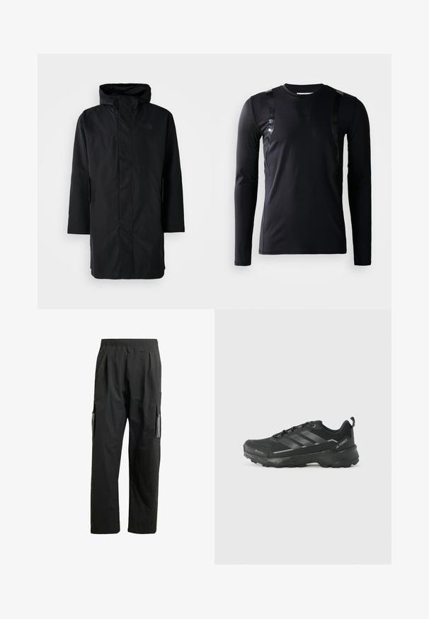 Zwarte waterdichte parka met hoge kraag en verstelbare capuchon. Voorzien van een rits aan de voorkant, lange mouwen en twee zijzakken. Minimalistisch ontwerp.; Zwarte lange-mouwen sportshirt gemaakt van glad, rekbaar materiaal. Kenmerkt zich door glanzende zwarte accenten op de schouders en een Adidas-logo op de borst.; Zwarte cargo-broeken met een elastische tailleband, zijzakken en reflecterende accenten. Gemaakt van lichtgewicht, waterafstotend materiaal.; Zwarte sportschoen met een gestepeld stoffen bovenwerk, drie zilveren strepen, versterkte neus en een robuuste rubberen zool voor tractie.