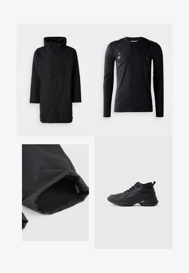 Parka imperméable noire avec un col haut et une capuche réglable. Comprend une fermeture éclair à l'avant, des manches longues et deux poches latérales. Design minimaliste.; T-shirt de sport à manches longues noir en tissu lisse et extensible. Présente des accents noirs brillants sur les épaules et un logo Adidas sur la poitrine.; Manche en tissu noir avec poignet élastique, présentant une texture lisse et un léger éclat. Cordon de serrage ajustable à l'ouverture pour un meilleur ajustement.; Chaussures de sport noires en matériau synthétique. Dotées d'un col rembourré, d'un embout rond, d'une semelle extérieure robuste avec traction, et d'un détail avec le logo de la marque.