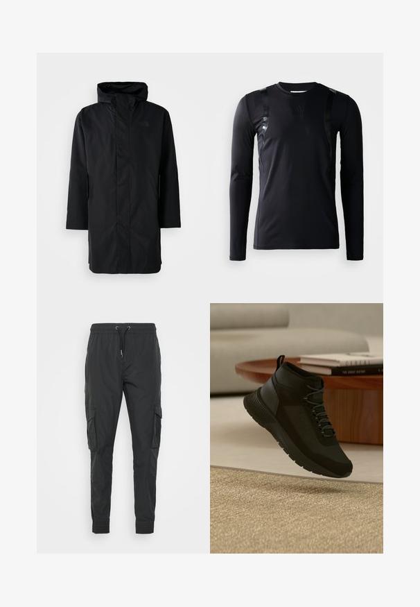 Parka negra impermeable con cuello alto y capucha ajustable. Cuenta con un cierre frontal, mangas largas y dos bolsillos laterales. Diseño minimalista.; Camisa deportiva de manga larga negra hecha de un tejido suave y elástico. Presenta detalles en negro brillante en los hombros y un logo de Adidas en el pecho.; Pantalones cargo negros hechos de un tejido ligero, con una cintura ajustable con cordón, puños elásticos y dos bolsillos laterales.; Zapatilla negra de caña alta con cordones flotando sobre una alfombra beige, mesa redonda de madera con libros apilados en un salón moderno de colores claros.