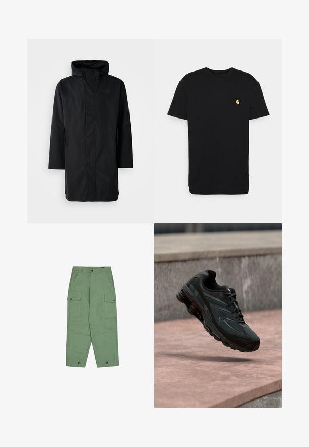 Zwarte waterdichte parka met hoge kraag en verstelbare capuchon. Voorzien van een rits aan de voorkant, lange mouwen en twee zijzakken. Minimalistisch ontwerp.; Zwarte katoenen t-shirt met korte mouwen, ronde hals en een klein geel logo op de linker borst. Eenvoudig ontwerp en normale pasvorm.; Groene cargo broeken met een ontspannen pasvorm, twee grote zijzakken en verstelbare enkels. Gemaakt van gestructureerde katoenstof.; Zwarte atletische sneaker met zichtbare luchtgeveerde tussenzool die boven een roze stenen oppervlak zweeft met een grijze stenen muur op de achtergrond.
