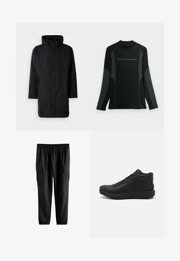 Zwarte waterdichte parka met hoge kraag en verstelbare capuchon. Voorzien van een rits aan de voorkant, lange mouwen en twee zijzakken. Minimalistisch ontwerp.; Zwarte shirt met lange mouwen en hoge kraag, gemaakt van textuurstof. Heeft grijze zijpanelen en het "NIKE TECH" logo op de borst.; Zwarte cargobroek met een elastische tailleband, zijzakken met rits en twee grote cargozakken met klepsluitingen. Glad, lichtgewicht materiaal.; Zwarte high-top sneakers van gestructureerd leer, voorzien van een dikke rubberen zool met grippatronen en een vetersluiting. Rode accenten op de tong.